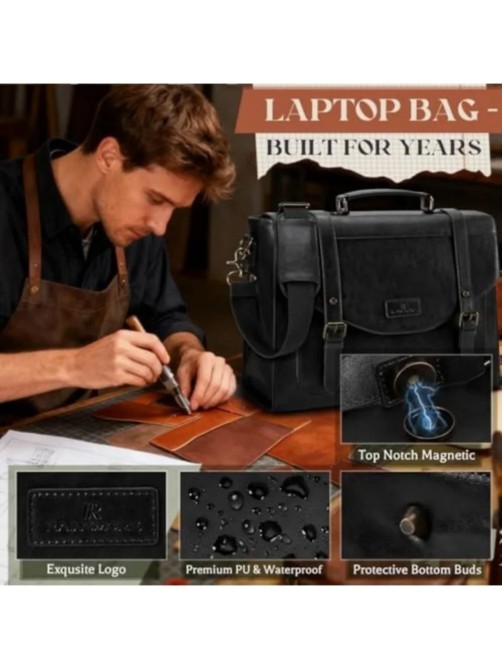 Vintage PU Leather Messenger Bag for Men, 15.6